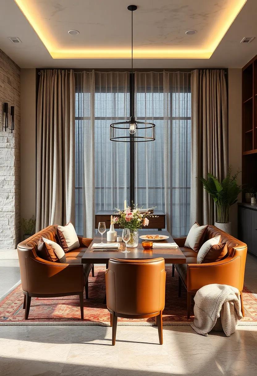 Juxtaposing Smooth Leather Seating with Rough Linen Drapes for Textural Harmony
