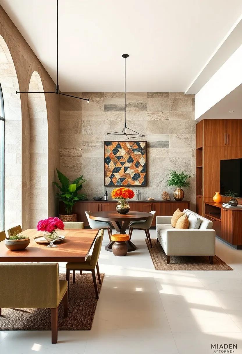 Using Colorful Tile Insets to Complement Earthy Tones in Dining Room Walls