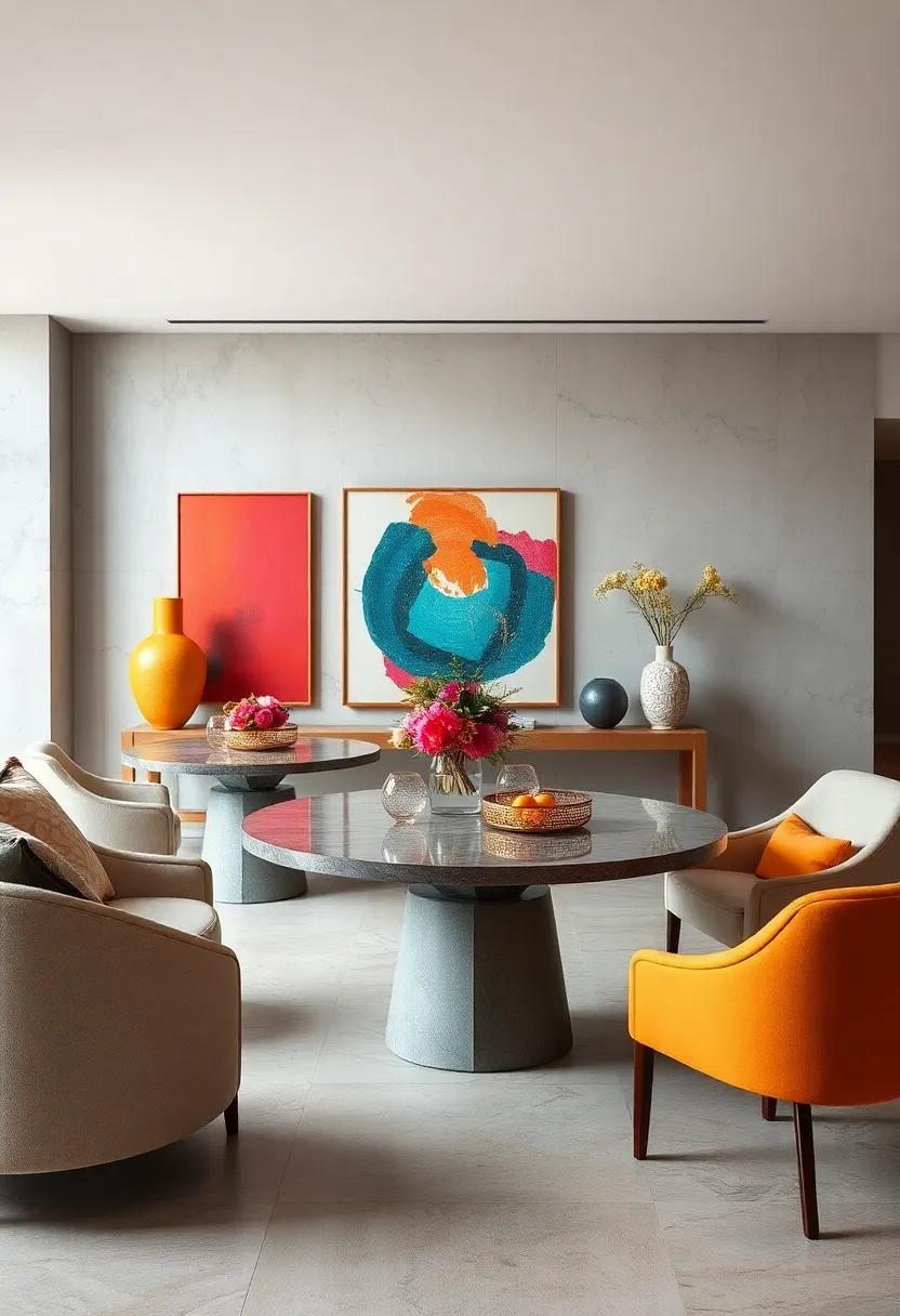 Contemporary Round Tables Supporting Bold Centerpieces Amid Vibrant Wall Art and Sculptures