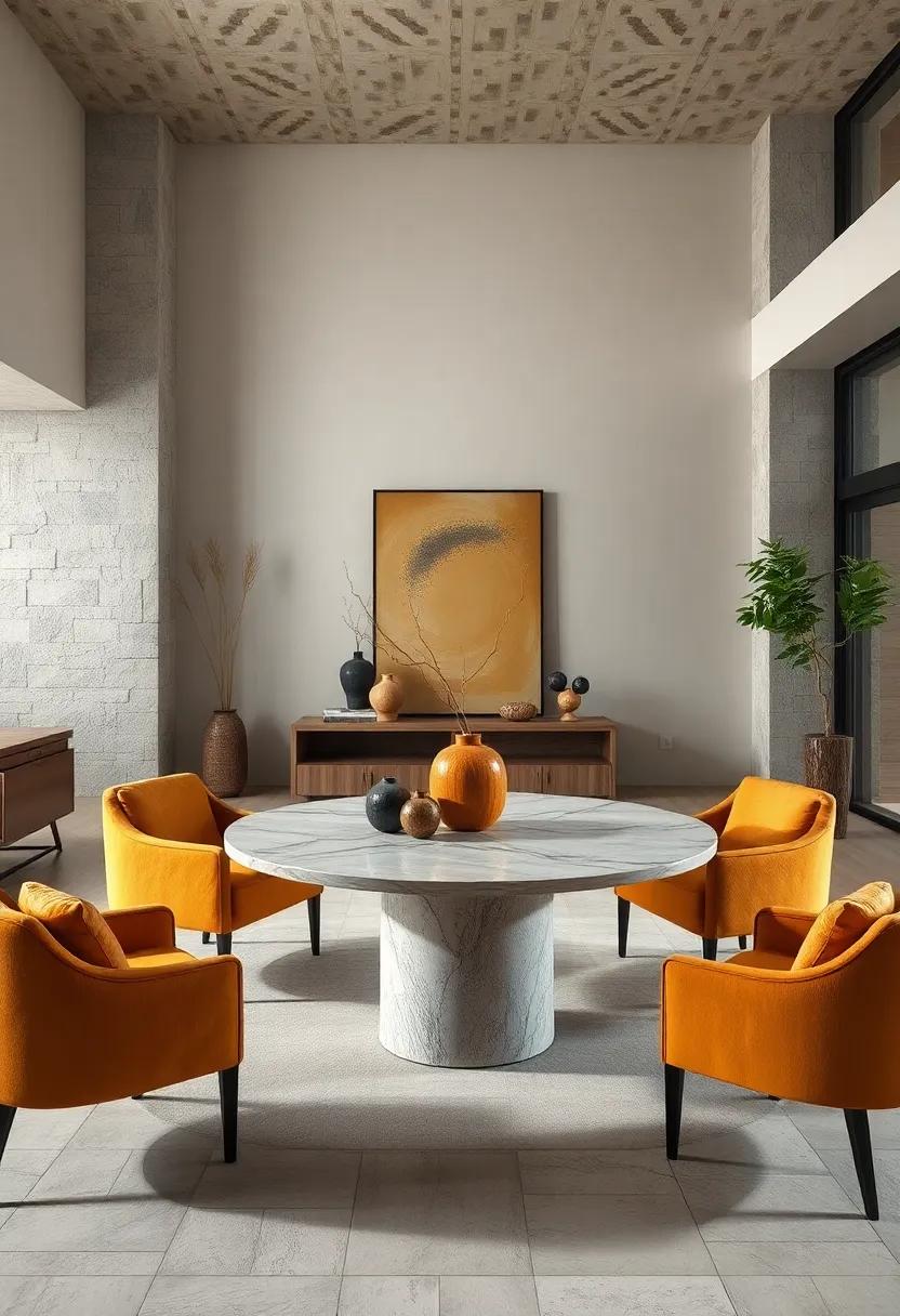 Sculptural Round Tables Acting as Centerpieces Amidst Minimalist Art Pieces and Natural Materials