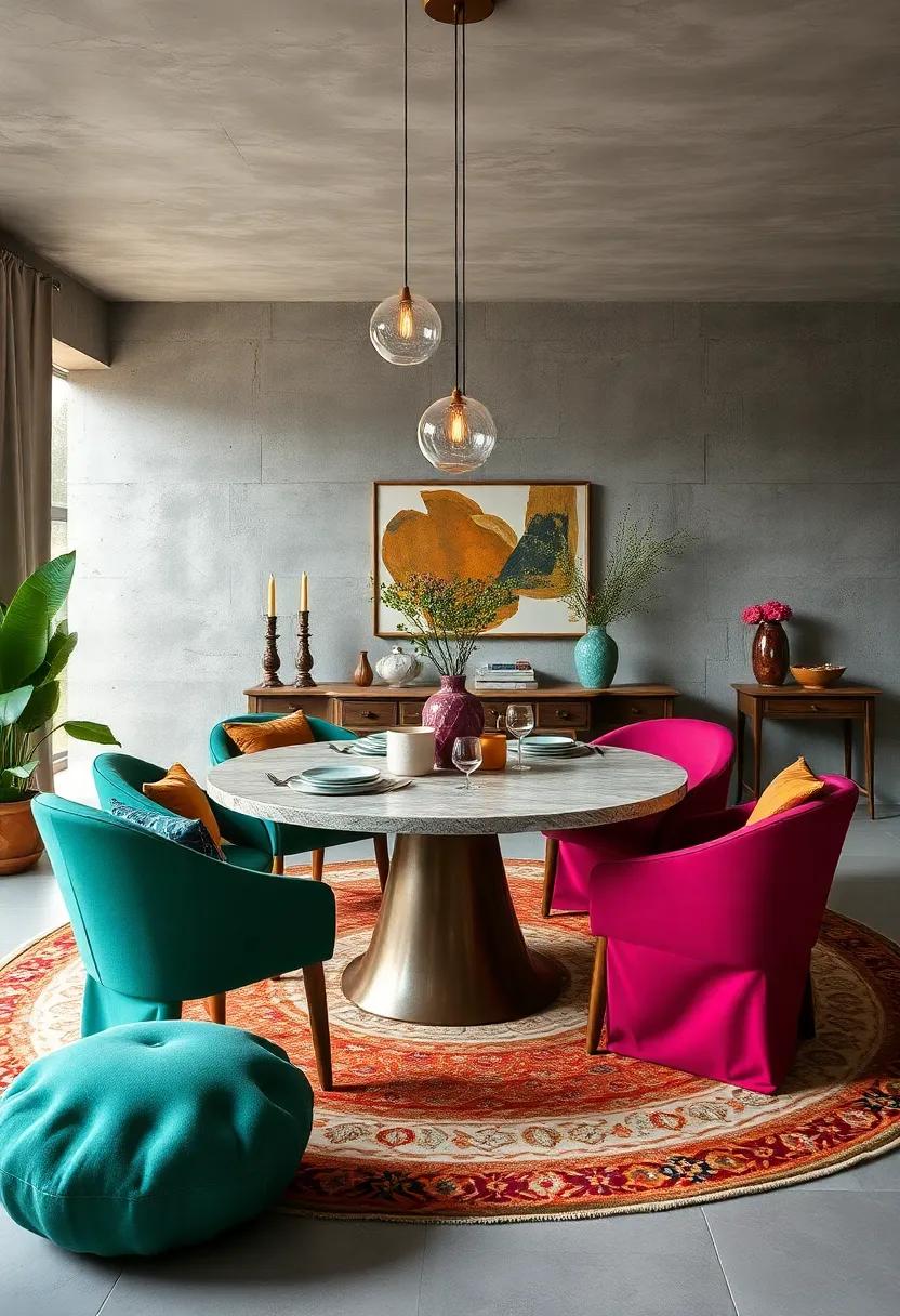 Bold Colorful Round Tables Creating Eclectic Dining Spaces with Layered Rugs and Pendant Lighting