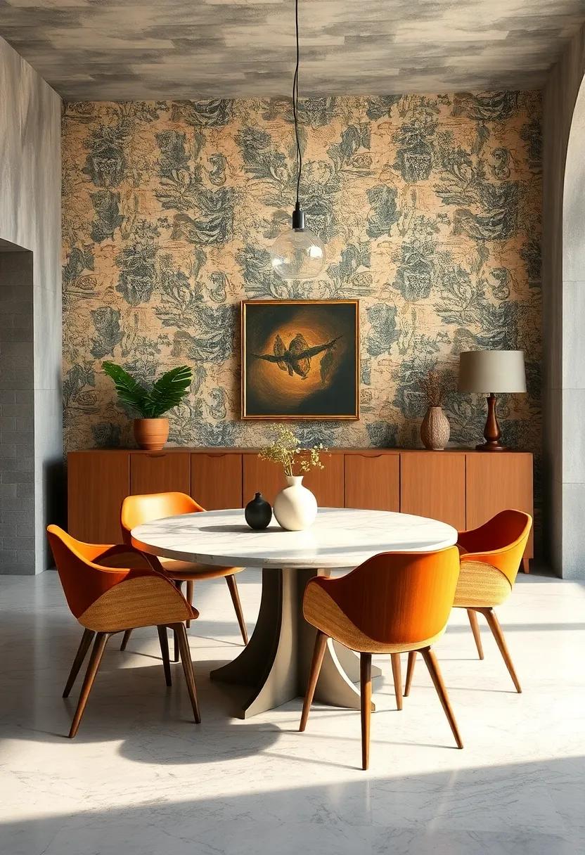 Mid-Century Round Tables Paired with Iconic Chairs Against a Backdrop of Retro Wallpaper