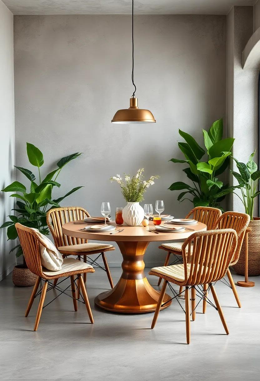 Cozy Bohemian Round Table Settings with Eclectic Chairs Surrounded by Lush Indoor Plants