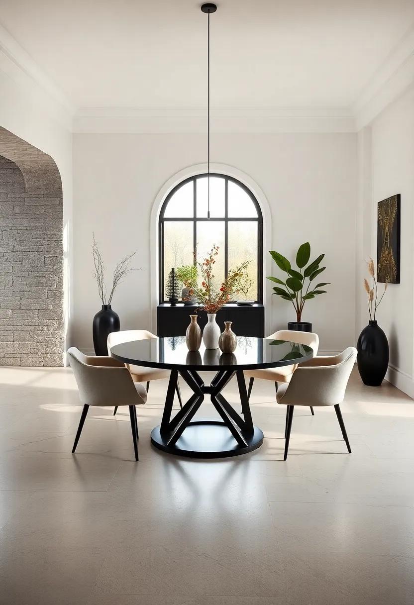 Dramatic Black Round Dining Tables Set Against Crisp White Walls for Timeless Contrast