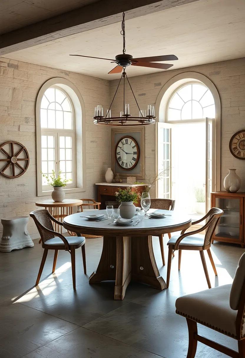 Sunlit Coastal Dining Rooms with Weathered Round Tables and Nautical Decorative Elements