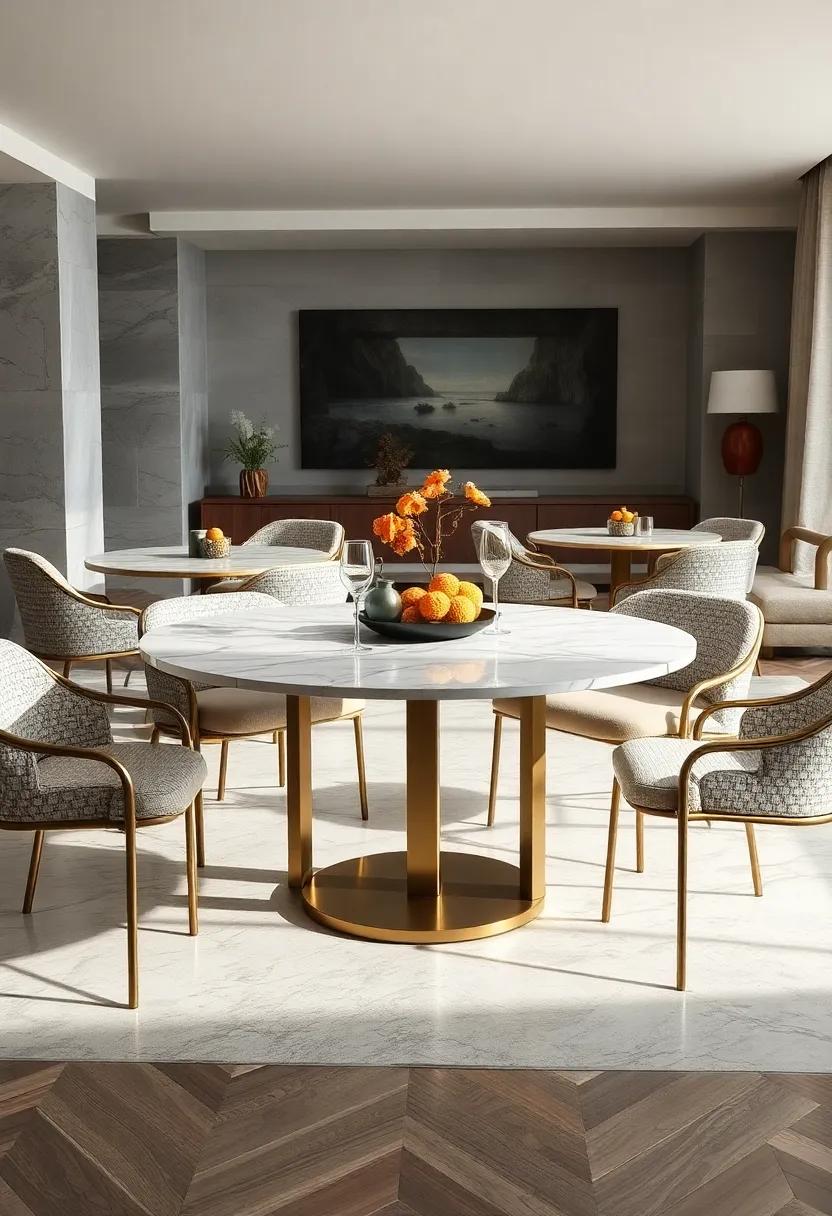 Luxurious Marble Round Tabletops Embraced by Sleek Metal Frames for a Sophisticated Dining Experience