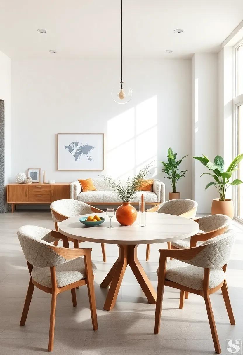 Minimalist Scandinavian Round Tables Bathed in Natural Light and Paired with Light Wood Accents