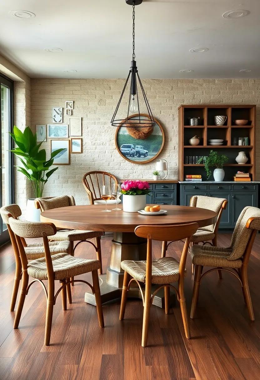 Rustic Farmhouse Round Tables Surrounded by Mismatched Wooden Chairs with Woven Seat Cushions