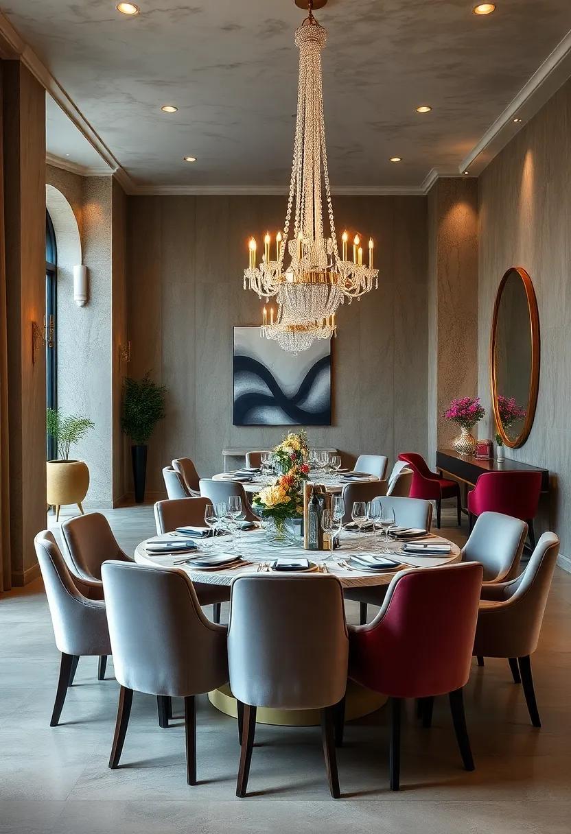 Opulent Round Tables Adorned with Velvet Upholstered Chairs and Crystal Chandeliers Overhead