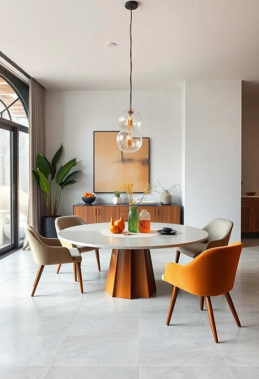 Elegant Mid-Century Modern Round Tables with Streamlined Silhouettes and Bold Contrasting Textures
