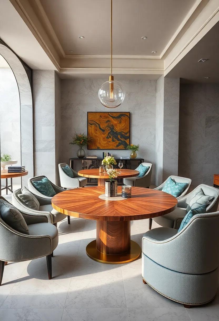 Luxury Round Tables Featuring Inlaid Wood Designs Paired With Upholstered Dining Seats and Art Books