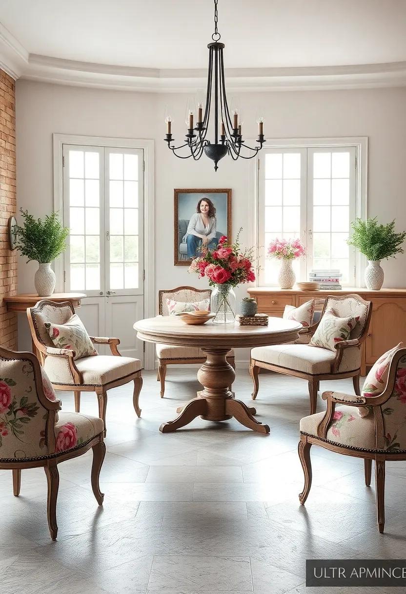 Elegant French Country Round Tables with Distressed Paint and Soft Floral Upholstery Around Them