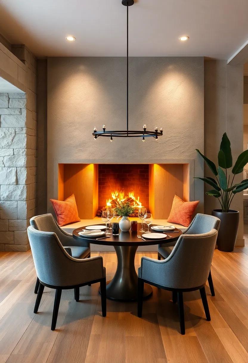 Cozy Fireplace Nooks Embracing Round Tables Set for Intimate Dinner Parties and Warm Conversations