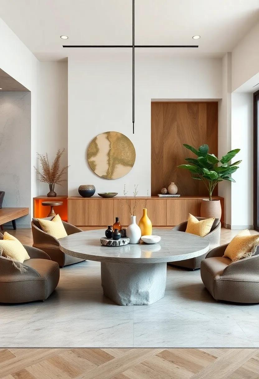 Zen-Inspired Round Tables Featuring Low Seating and Natural Stone Accents in Tranquil Palettes