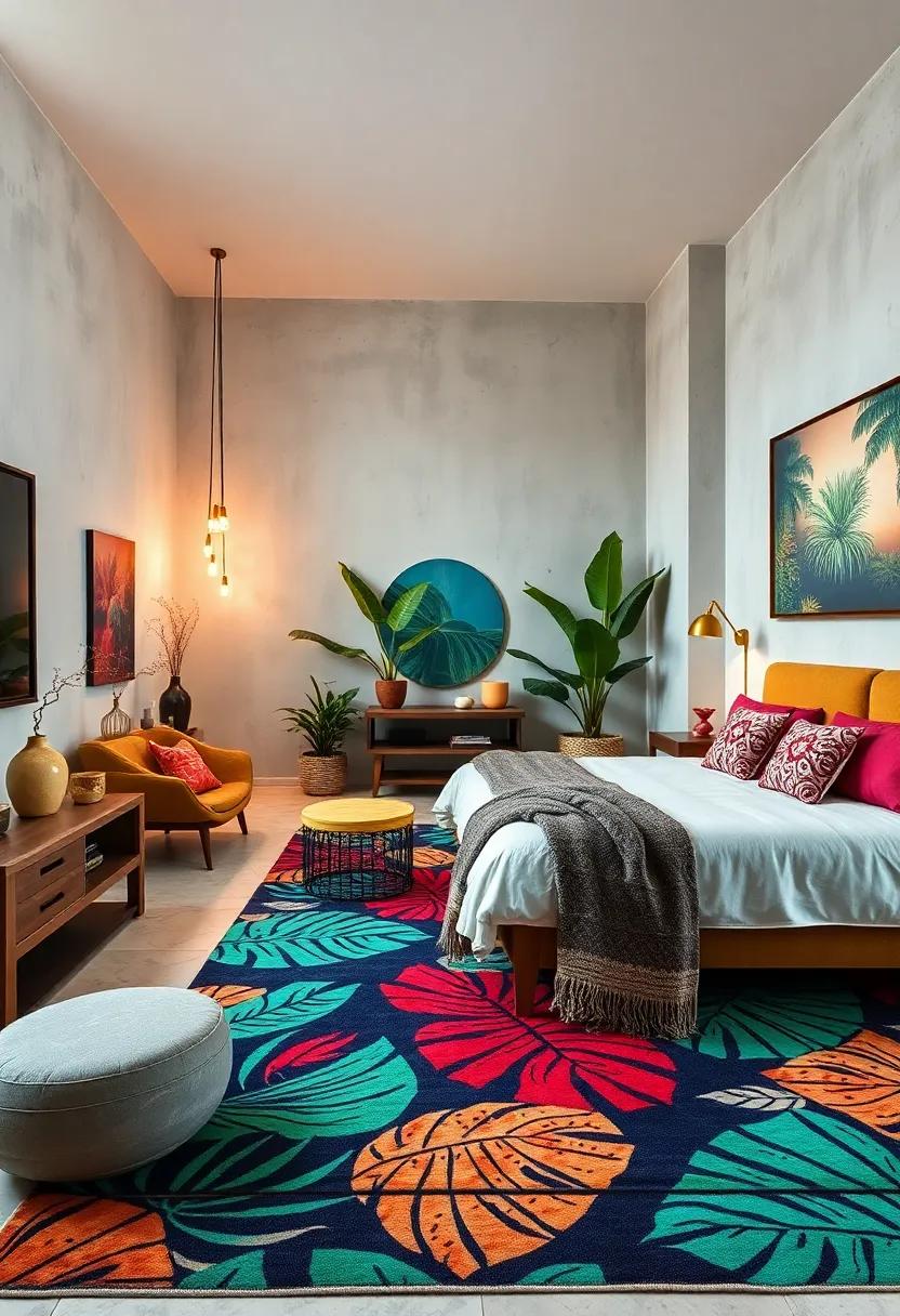 Choose a vibrant ⁢area‌ rug featuring tropical patterns that anchors the room while adding comfort‍ underfoot