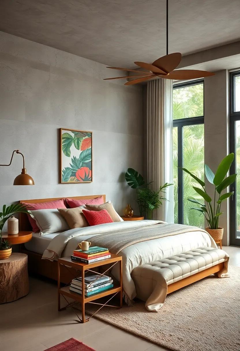 Display tropical-themed books on a teacart or floating shelves, merging functionality with decorative interest
