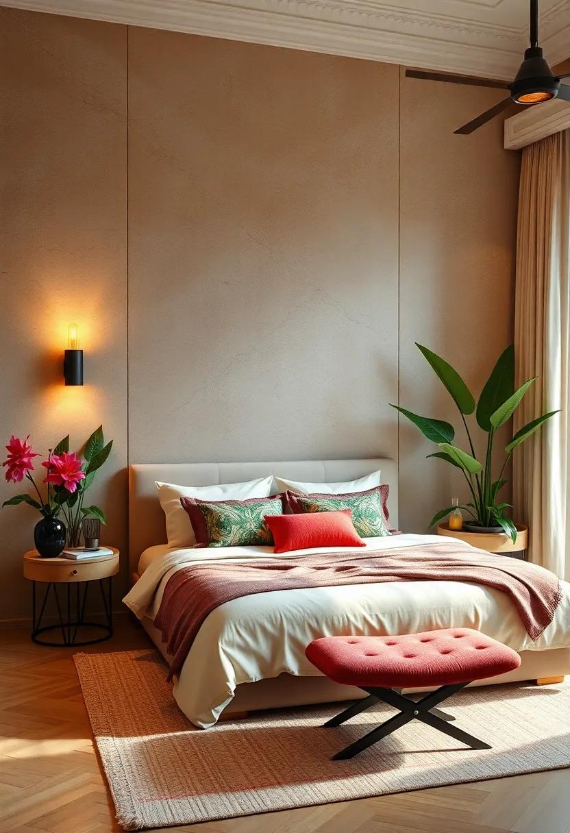 Incorporate​ a statement wall sconce or bedside table lamps with colorful shades that echo the hues of tropical flowers