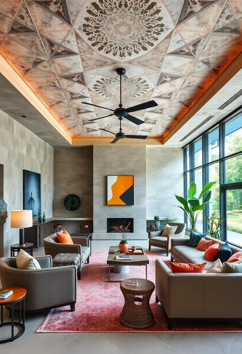 Bold Geometric Statement Ceilings Elevating the Room's Energy Within an Eclectic Design Framework
