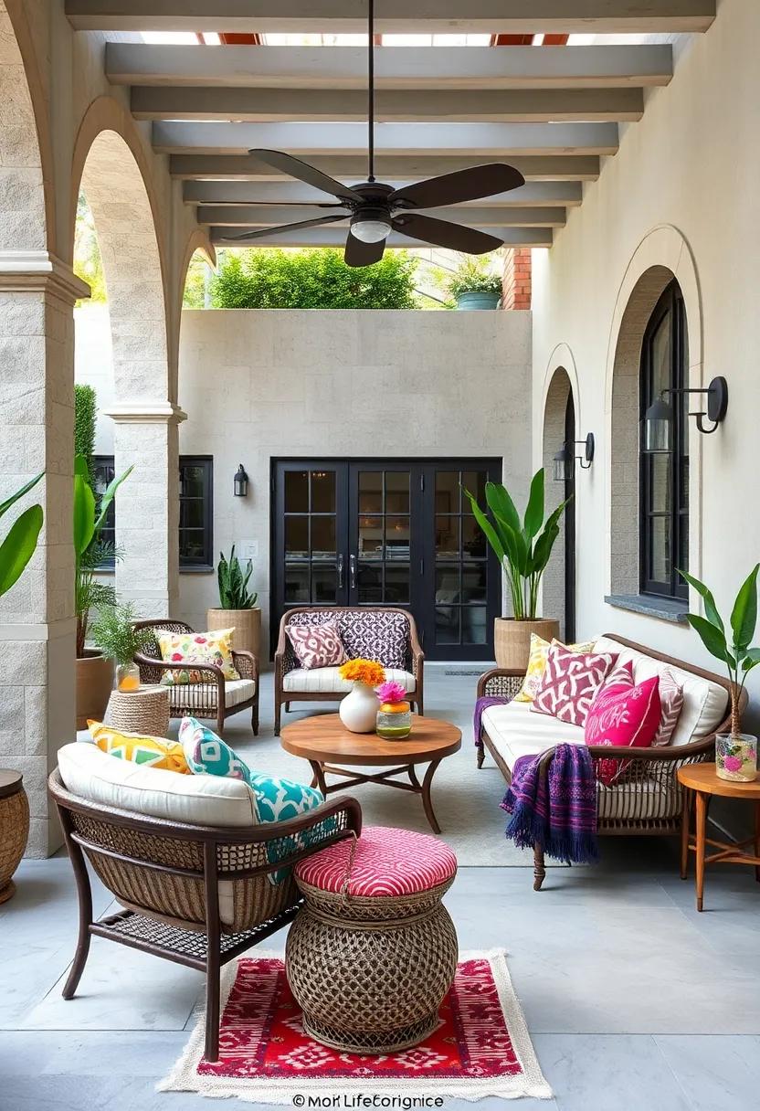 Bold Geometric Patterns Harmonizing Eclectic Outdoor Seating Areas with Vibrant Cushions and Throws