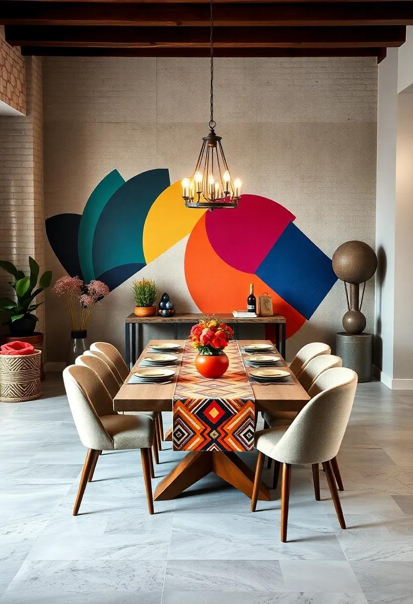 Crafting Eclectic Dining Rooms with Geometric Table Runners and Vibrant Wall Murals for Visual Contrast