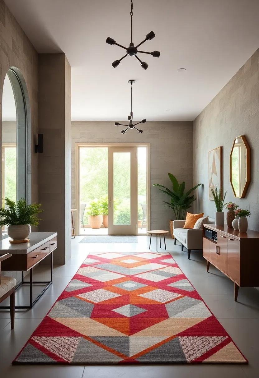 Eclectic Entryways Transformed by Bold Geometric Rugs and Feature Walls Offering Instant Visual Appeal