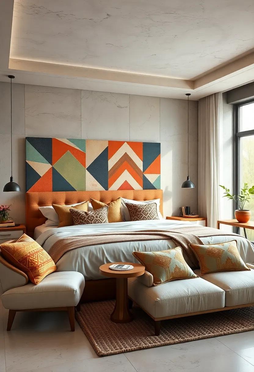 Eclectic Bedroom Sanctuaries Featuring Bold Geometric Headboards as Artistic Focal Points