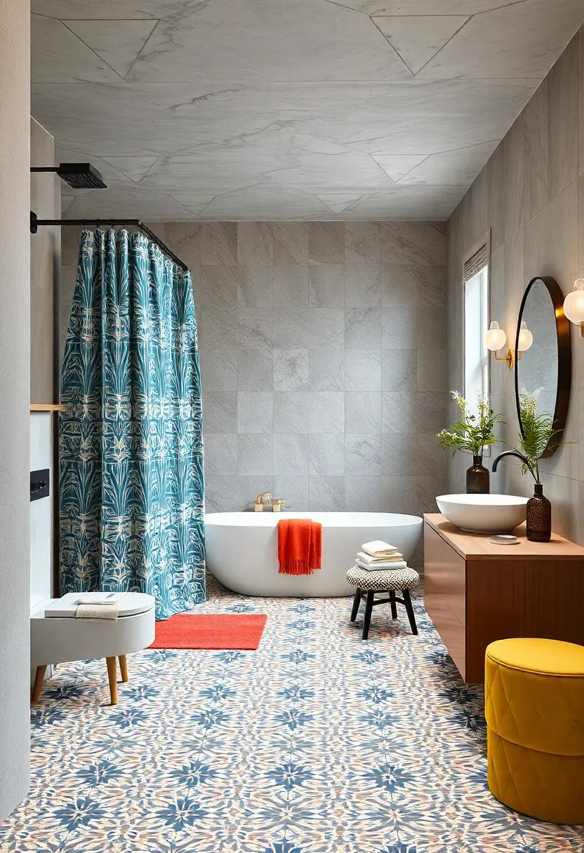 The Impact of Bold Geometric Patterns in Eclectic Bathrooms through Shower Curtains and Floor Tiles