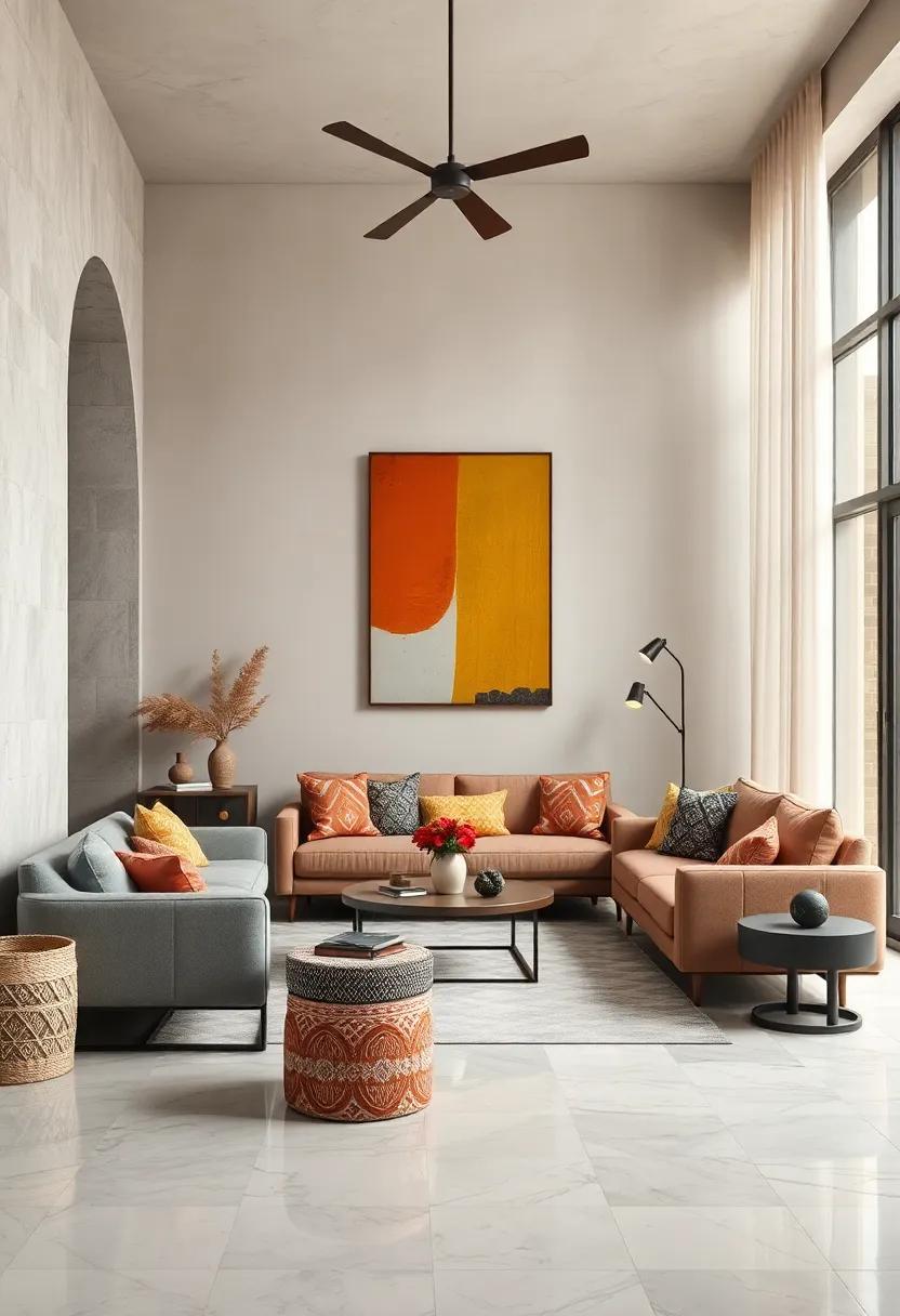 Juxtaposition of Minimalist Geometric Furniture with Rich Eclectic Textiles Creating Harmonious Contrasts