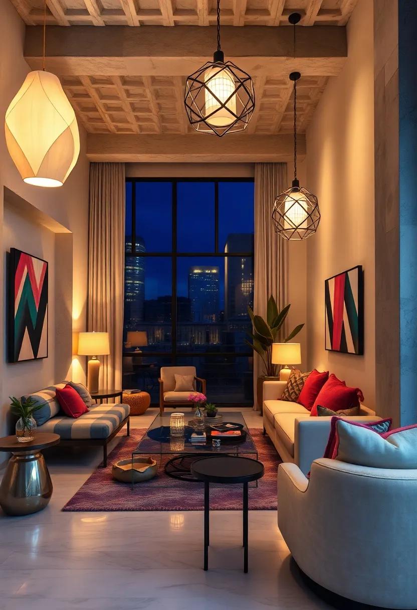 Sculptural Lighting Fixtures Featuring Geometric Designs Enhancing the Eclectic Atmosphere at Night