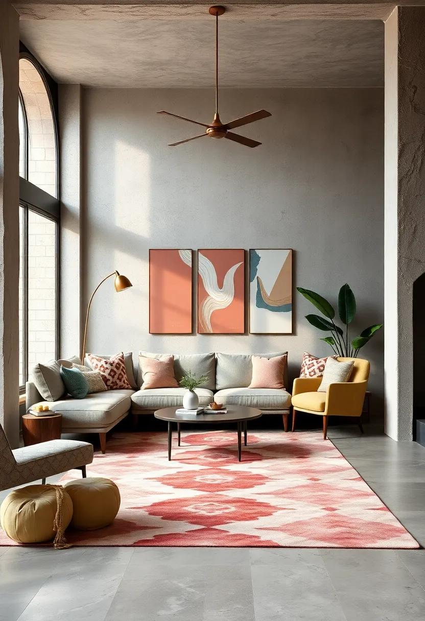 Soft Eclectic Color Palettes Complemented by Bold Geometric Area Rugs for a Balanced Visual Impact