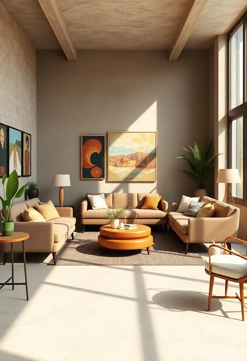 Eclectic Living Room Featuring Vintage Furniture Mixed with Modern Art in a Warm Sunlit Space