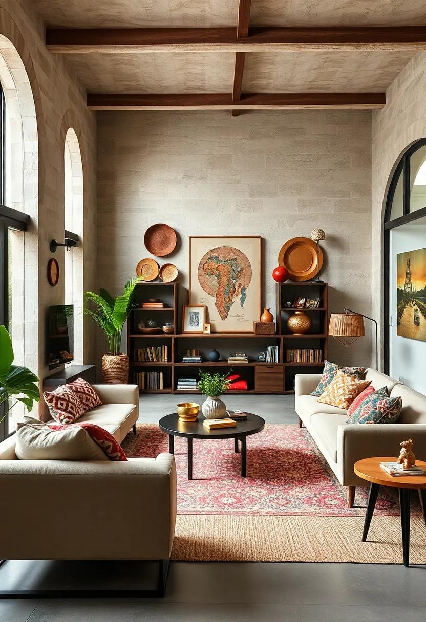 Global Artisan Crafts Displayed Alongside Sleek Scandinavian Furniture in a Balanced Living Space