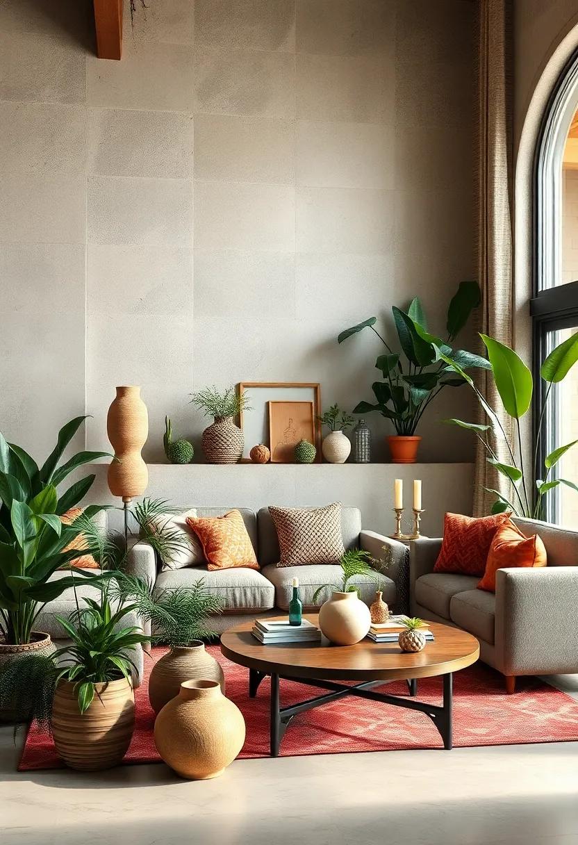 Nature Inspired Eclectic Living Room with Indoor Plants and Artisan Pottery Displayed Creatively