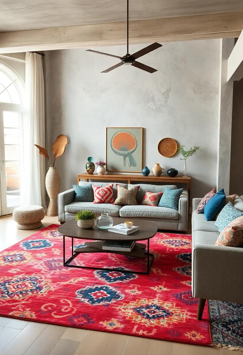 Bold Statement Rugs Anchoring a Living Room Filled with Diverse Throw Pillows and Unique Furniture