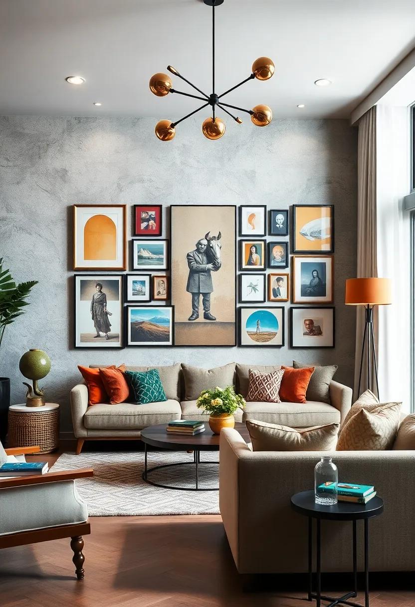 Maximalist Gallery Wall Surrounded by Eclectic Sofas and Unique Statement Lighting Fixtures