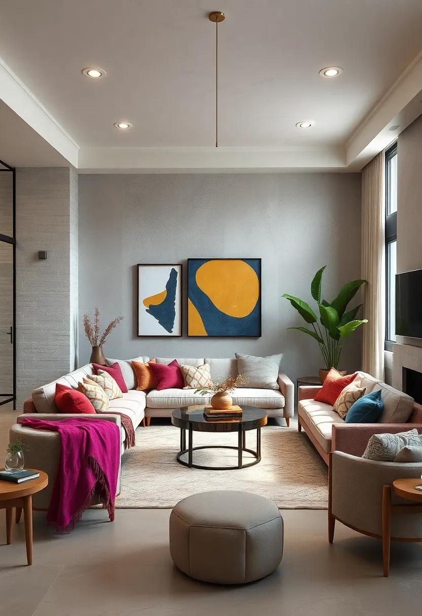Soft Neutrals and Bold Jewel Tones United in Layered Fabrics and Artistic Wall Displays