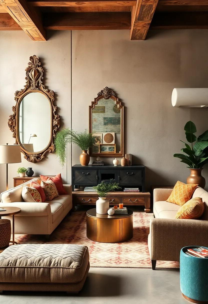 Combining Baroque Mirrors with Minimalist Sofas to Create an Intriguing Eclectic Conversation Zone