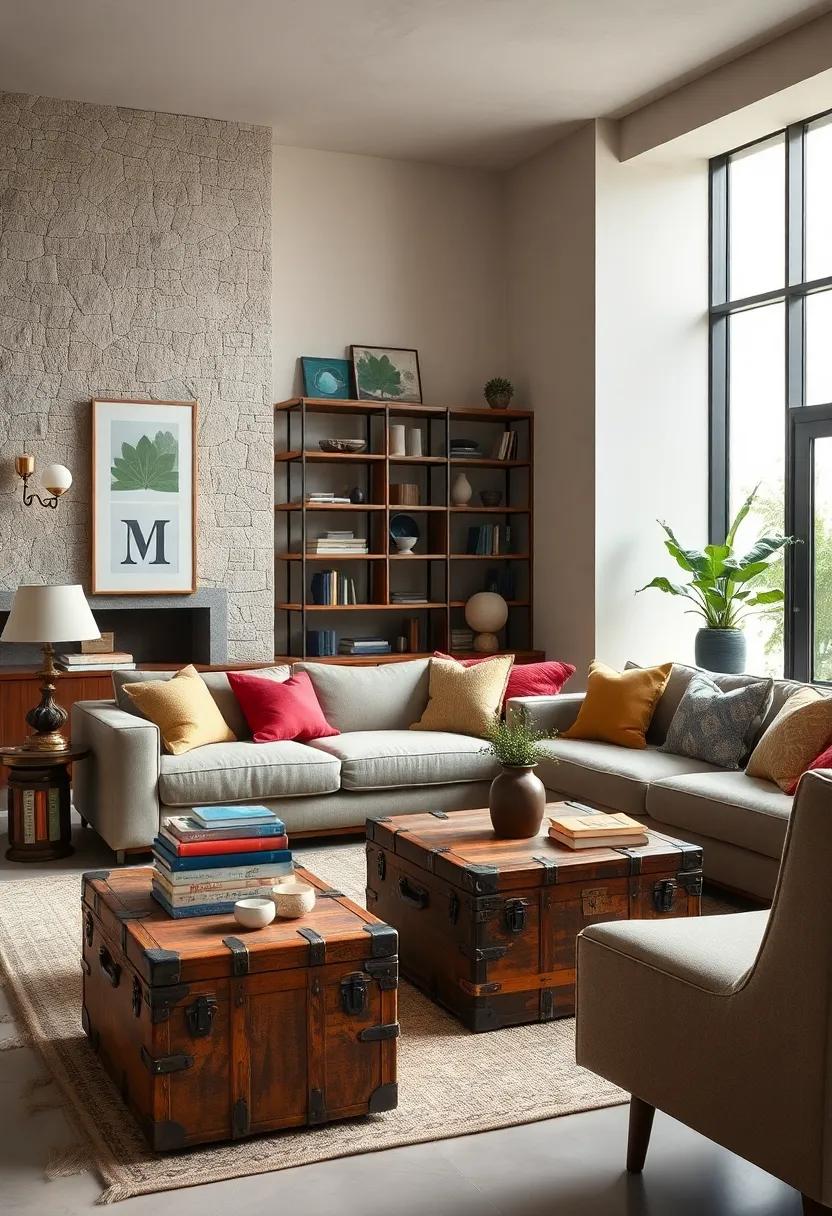Antique Trunks Repurposed as Coffee Tables Among Contemporary Shelving and Art Pieces