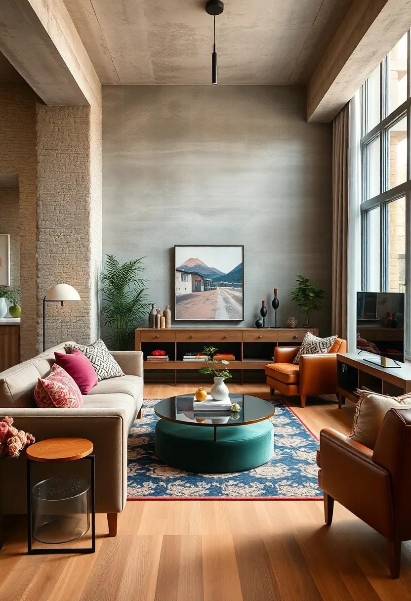 Textural Contrast with Velvet, Linen, and Leather Furnishings in a Warm and Inviting Living Room