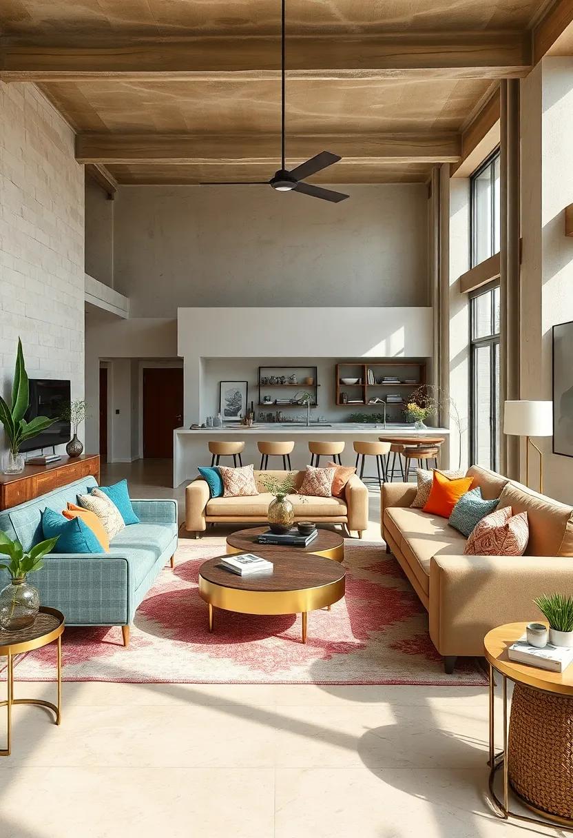 Mix of Retro and Contemporary Pieces with Brass Details in a Vibrant Open-Concept Living Area