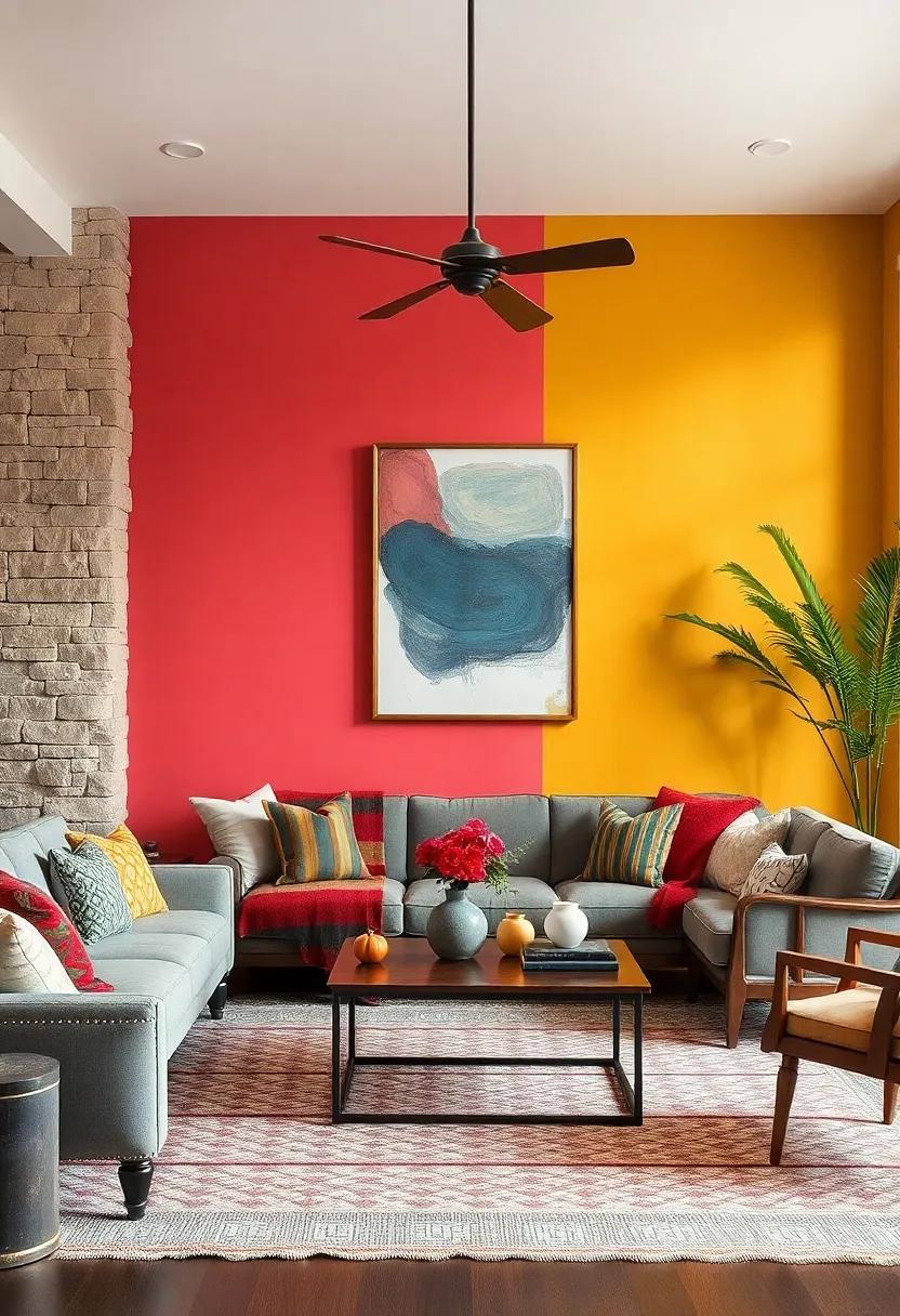 Vibrant Accent Walls Paired with Eclectic Furniture Collections in a Welcoming Family Lounge