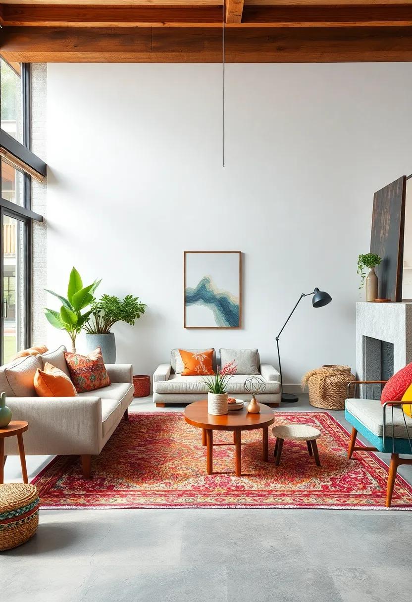 Bohemian Chic and Mid-Century Modern Decor Combined with Colorful Rugs and Plush Pillows