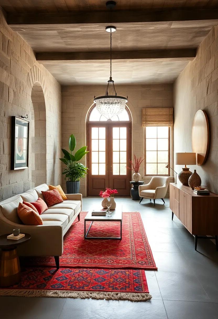 Bold Rugs Paired With Curved Furniture To Soften Edgy Eclectic Entryway Designs