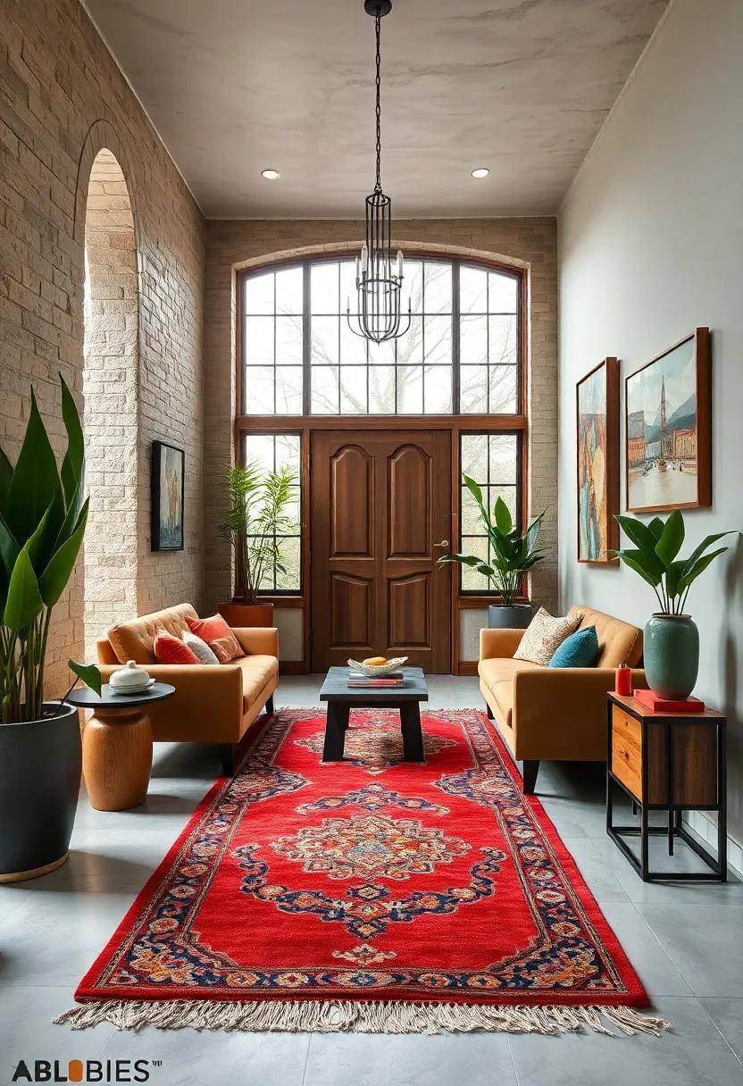 Mixing Vintage And Modern Elements Around Eye-Catching Rugs To Create Unique Entryway Focal Points