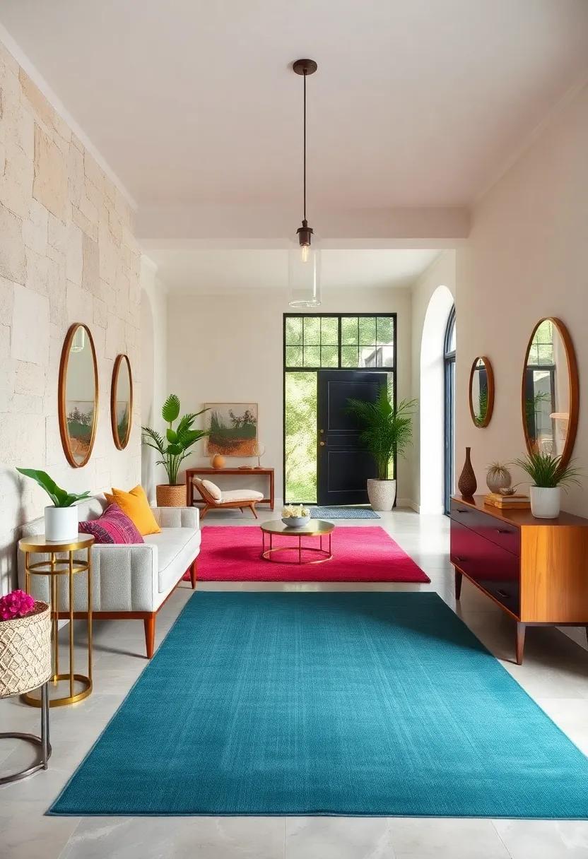 Playful Color Blocking Using Statement Rugs To Define Different Zones Within Entryways