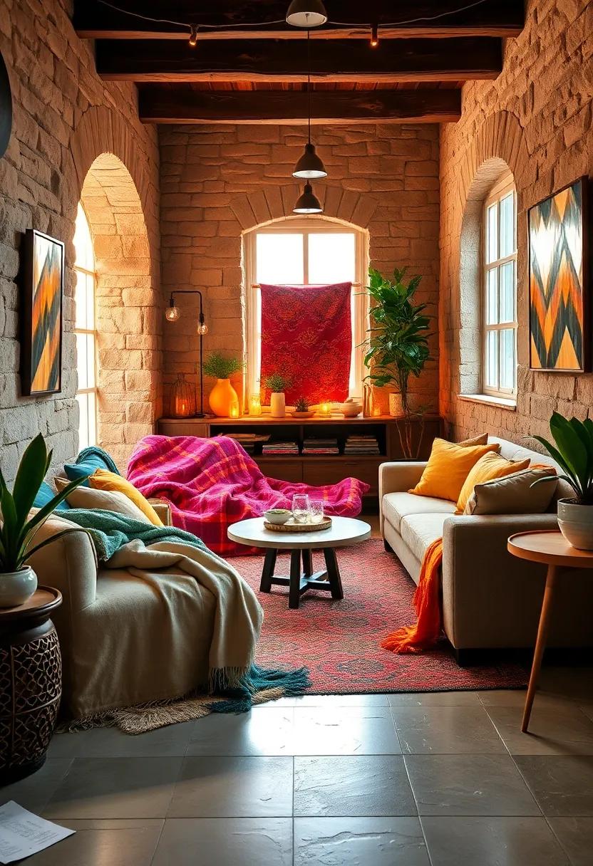 Cozy Corners Bathed in the Warm Glow of Vibrant Throw Blankets and Soft Ambient Lighting