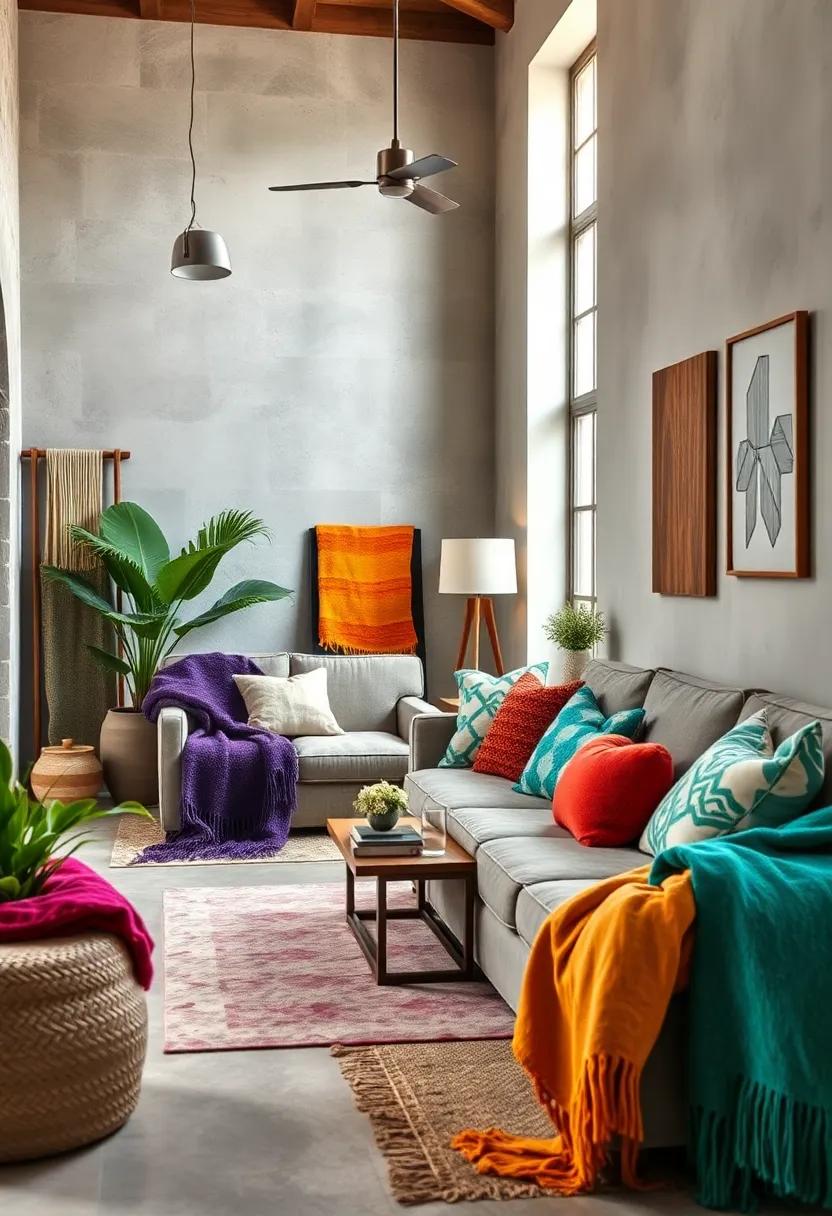 Mixed-Material Corners United by the Warmth and Vibrance of Handwoven Throw Blankets in Bright Jewel Tones