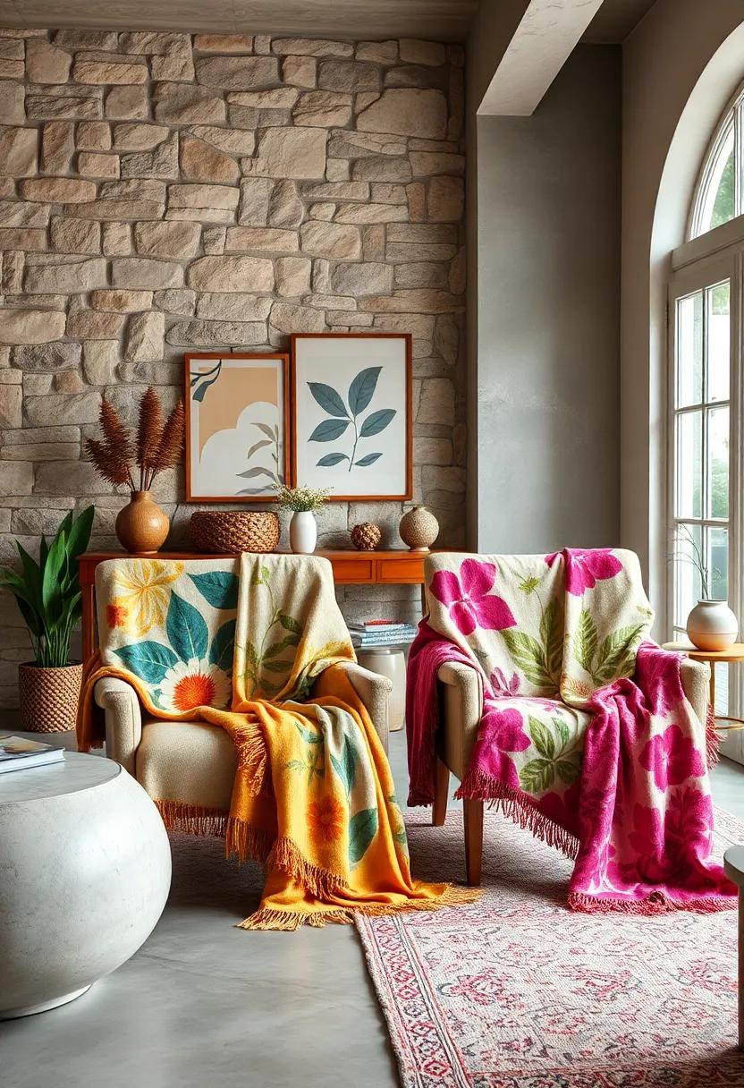 Eclectic Spaces Featuring Throw Blankets with Botanical Prints Draped Elegantly Over Accent Chairs