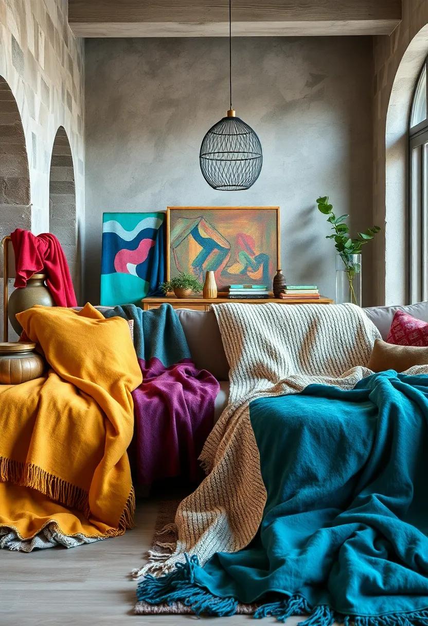 Bohemian Style Corners Featuring Throw Blankets in Bright Hues and Playful Patterns for a Spirit of Adventure