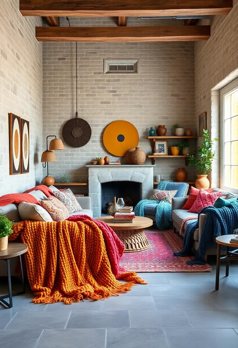 Rustic Eclectic Interiors Brought to Life with Chunky Knit Throw Blankets in Warm, Inviting Tones